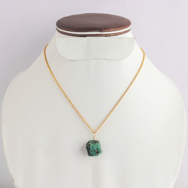 Raw Emerald Pendant Necklace in 18k Gold-Filled German Silver – 16"+2" - Image 2