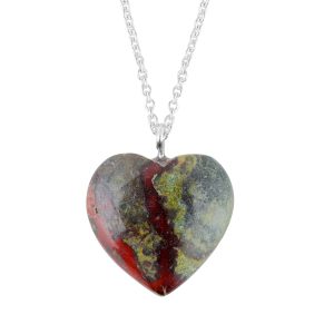 Bloodstone Heart Pendant Necklace in German Silver – 16"+2" Chain